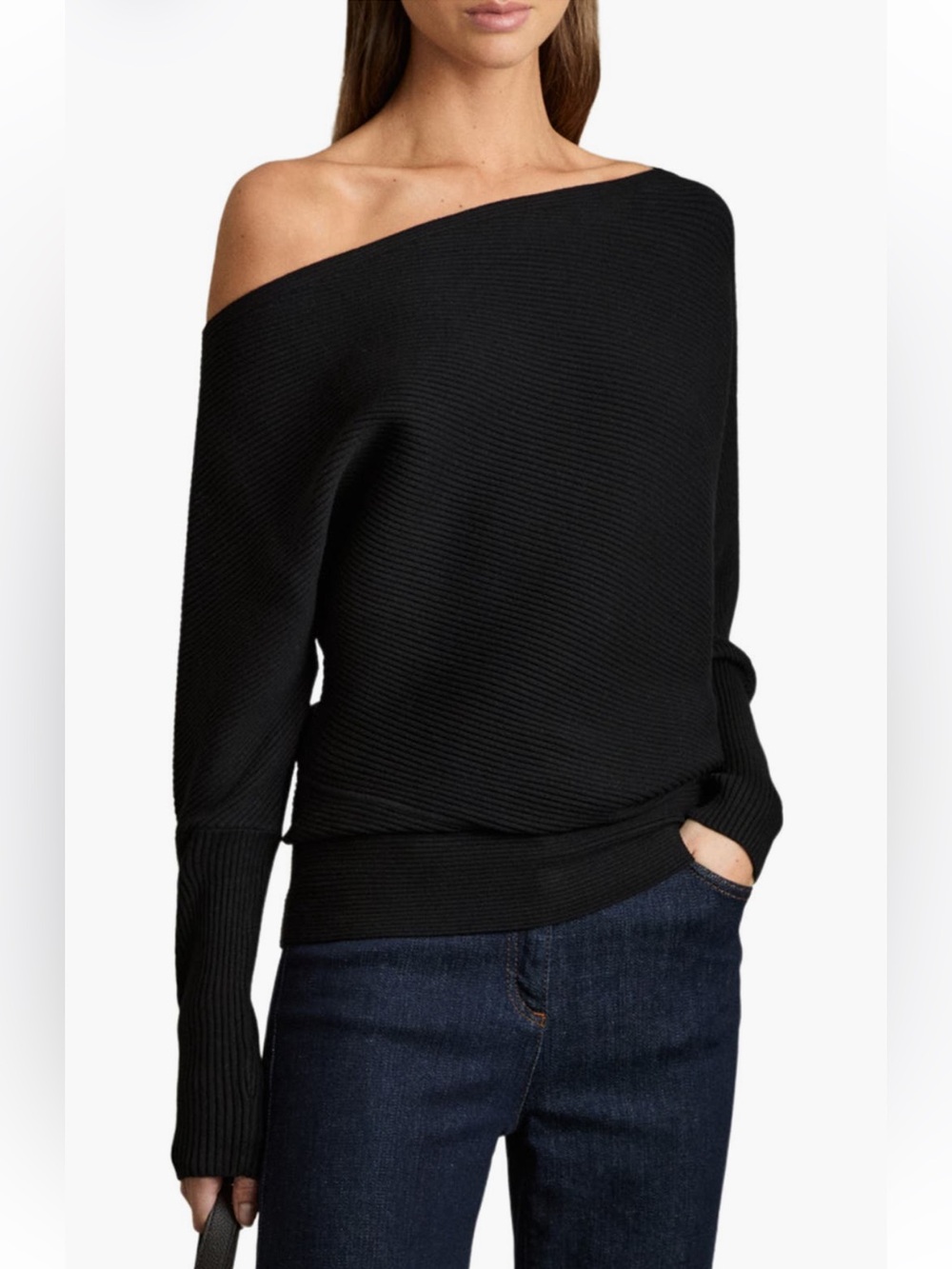 Reiss Lorna Off-Shoulder Ribbed Knit Sweater - Black